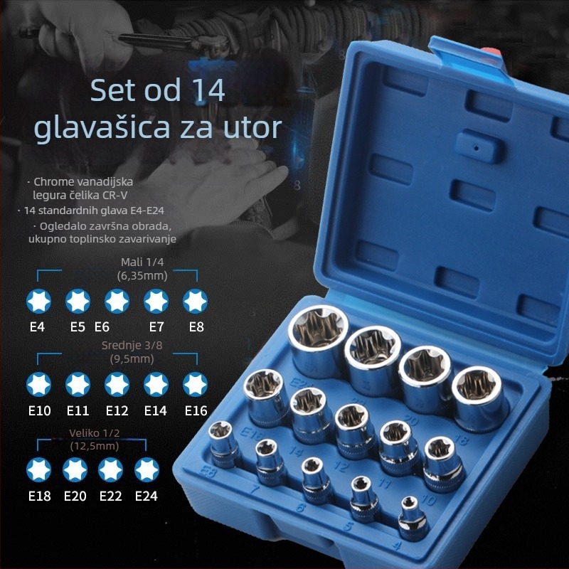 14-dijelni set krom-vanadijske čelji za popravak automobila, neto težina 2 kg