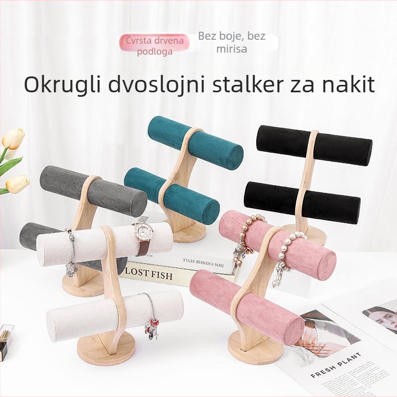 Drveni kružni stalak za izlaganje nakita, dvostruki sloj, s velur prevlakom i PU kožnim detaljima