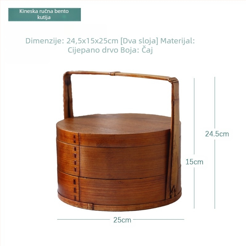 Drvena kutija za ručak, okruglog oblika, retro stil, ručno nošenje; jednoličan uzorak