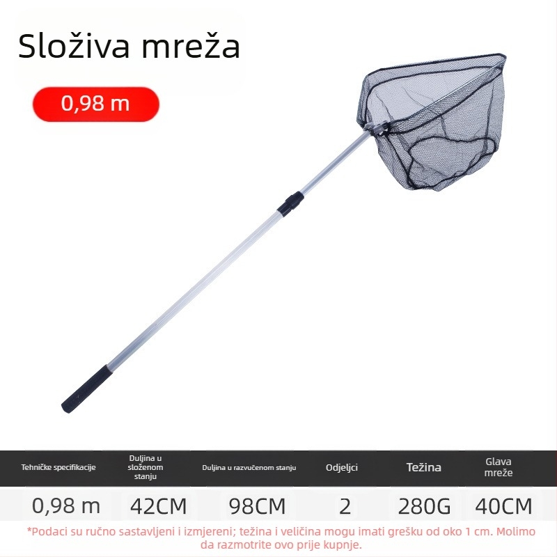 Aluminijska legura trokutasta integrirana mreža za ribolov, sklopiva teleskopska mreža s finom mrežom, promjer otvora 40 cm, dubina 30 cm, sažimljiva