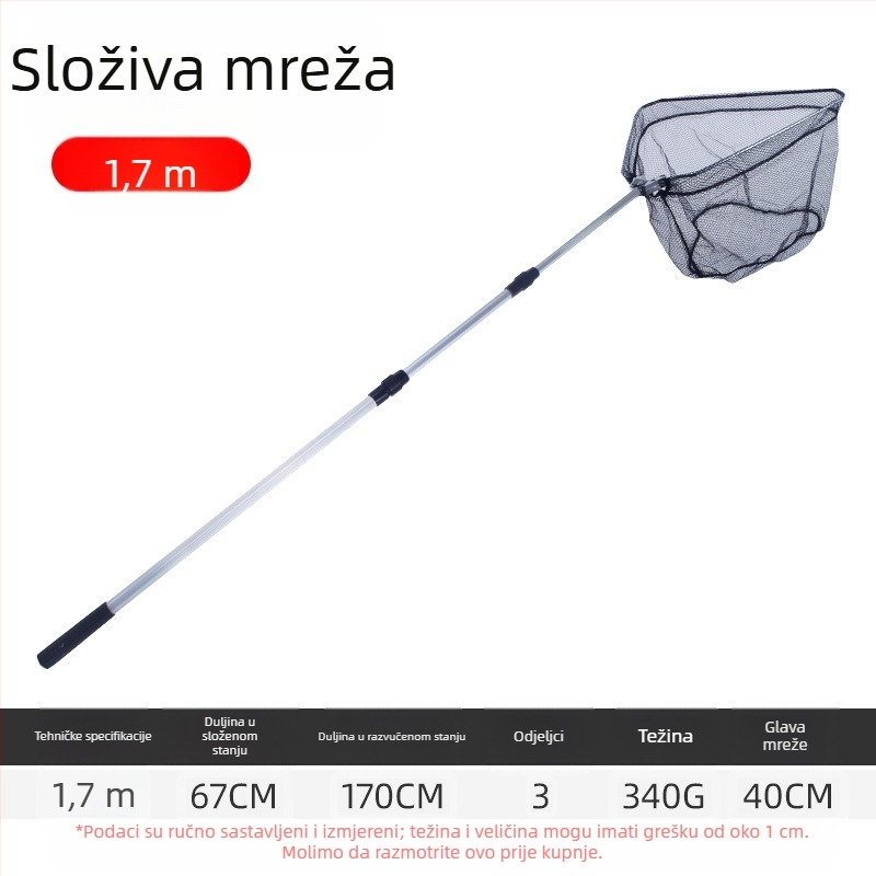 Aluminijska legura trokutasta integrirana mreža za ribolov, sklopiva teleskopska mreža s finom mrežom, promjer otvora 40 cm, dubina 30 cm, sažimljiva