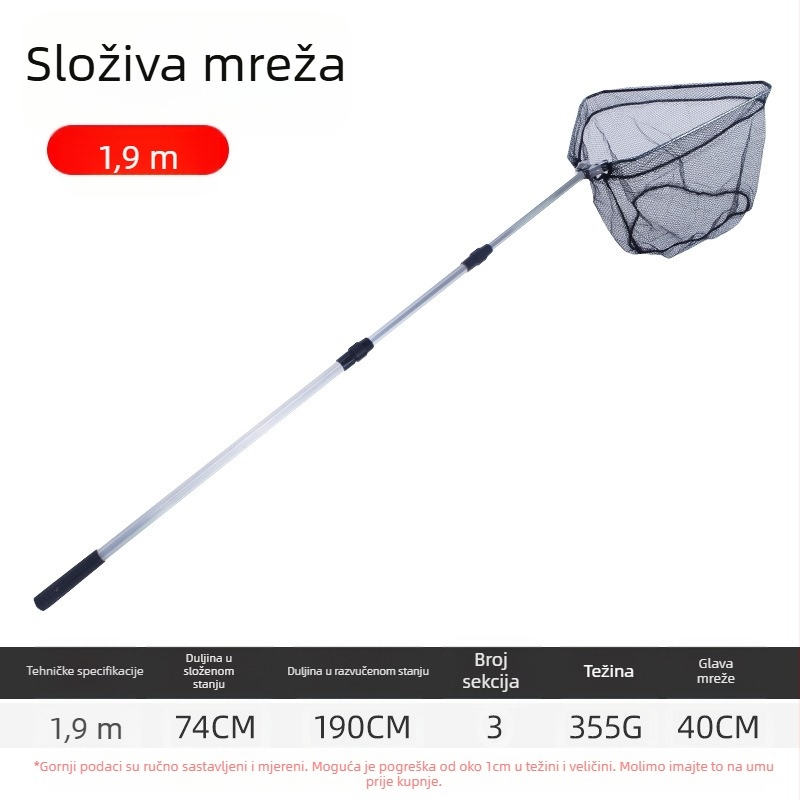 Aluminijska legura trokutasta integrirana mreža za ribolov, sklopiva teleskopska mreža s finom mrežom, promjer otvora 40 cm, dubina 30 cm, sažimljiva