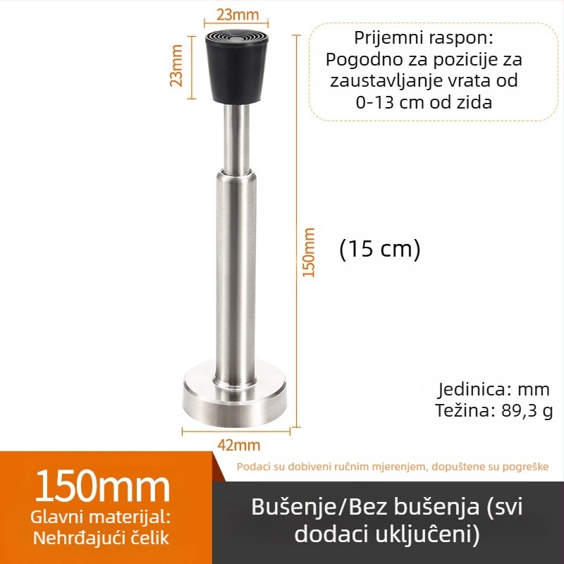 Nerđavi čelični zidni zaustavljač vrata s antikolizijskim gumiranim vrhom, model 008, polirani završni sloj