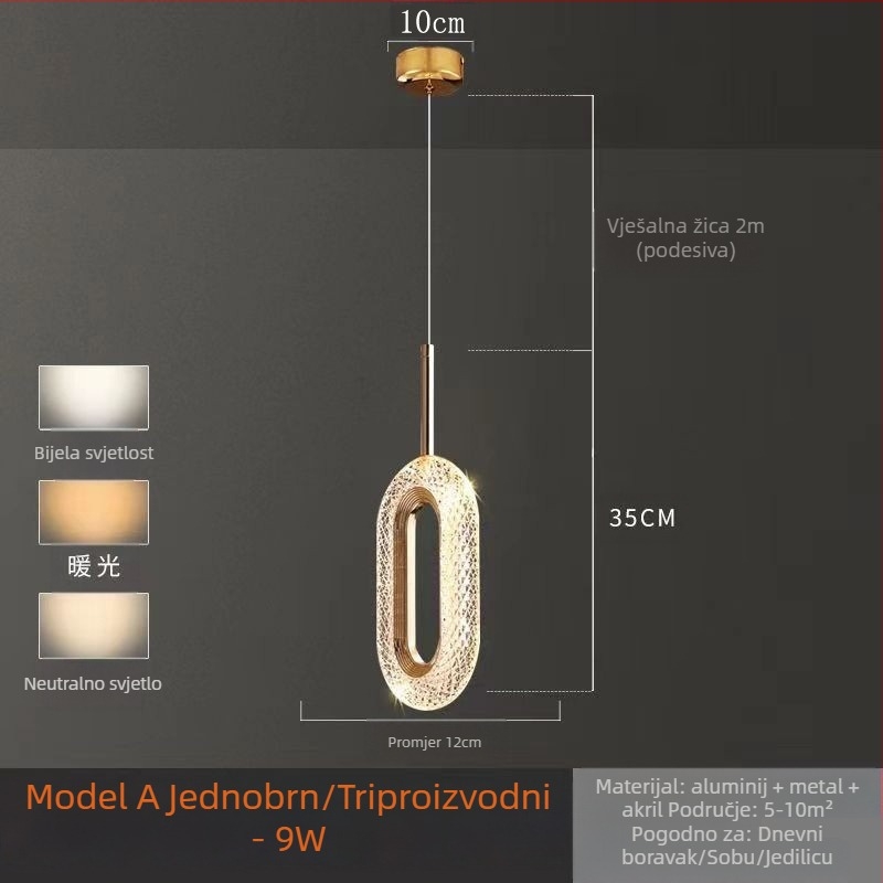 LED viseći luster za spavaću sobu, aluminijsko tijelo, akrilno sjenilo, podesiva visina, luster s jednom glavom, moderan minimalistički stil