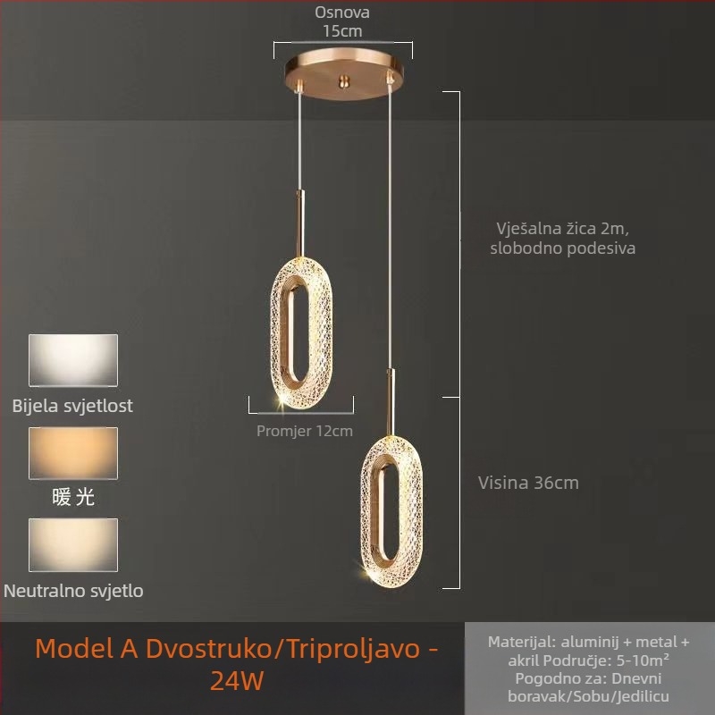 LED viseći luster za spavaću sobu, aluminijsko tijelo, akrilno sjenilo, podesiva visina, luster s jednom glavom, moderan minimalistički stil