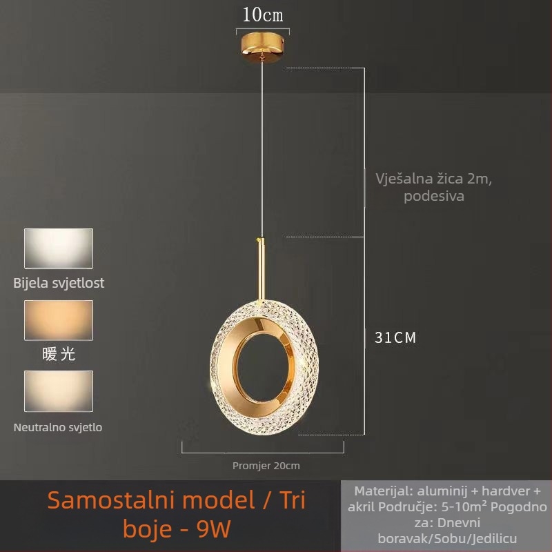 LED viseći luster za spavaću sobu, aluminijsko tijelo, akrilno sjenilo, podesiva visina, luster s jednom glavom, moderan minimalistički stil