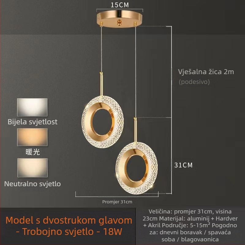 LED viseći luster za spavaću sobu, aluminijsko tijelo, akrilno sjenilo, podesiva visina, luster s jednom glavom, moderan minimalistički stil