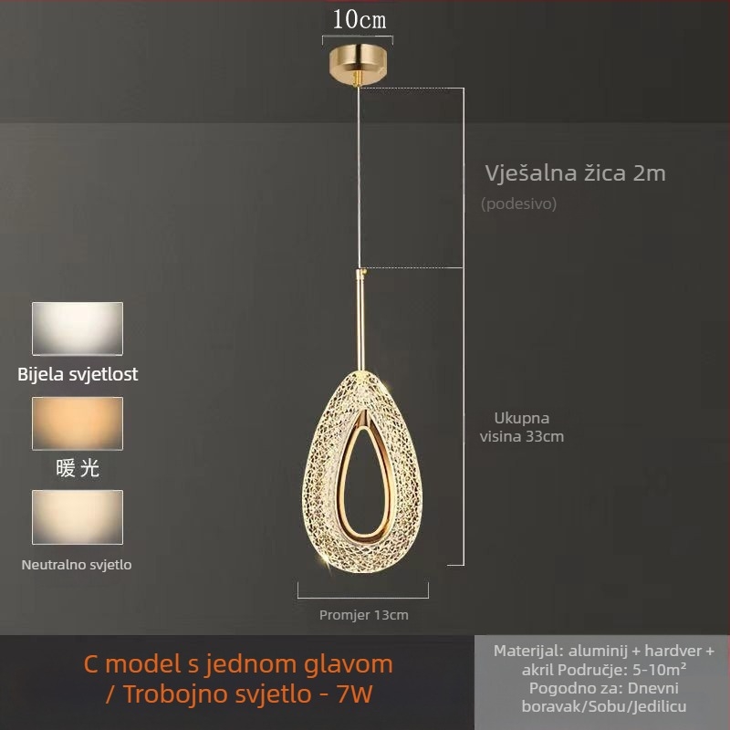 LED viseći luster za spavaću sobu, aluminijsko tijelo, akrilno sjenilo, podesiva visina, luster s jednom glavom, moderan minimalistički stil