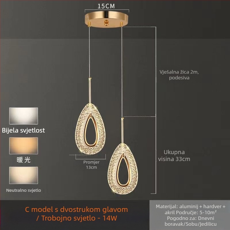 LED viseći luster za spavaću sobu, aluminijsko tijelo, akrilno sjenilo, podesiva visina, luster s jednom glavom, moderan minimalistički stil