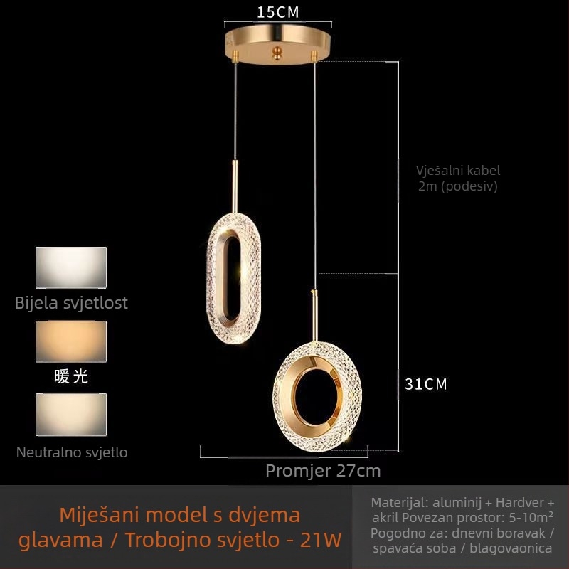 LED viseći luster za spavaću sobu, aluminijsko tijelo, akrilno sjenilo, podesiva visina, luster s jednom glavom, moderan minimalistički stil