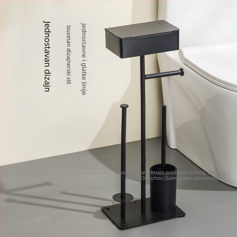 Uspravni podni držač za rolice toaletnog papira s držačem za mobitel; karbonsko čelični materijal; višenamjenski kućni organizator kupaonice