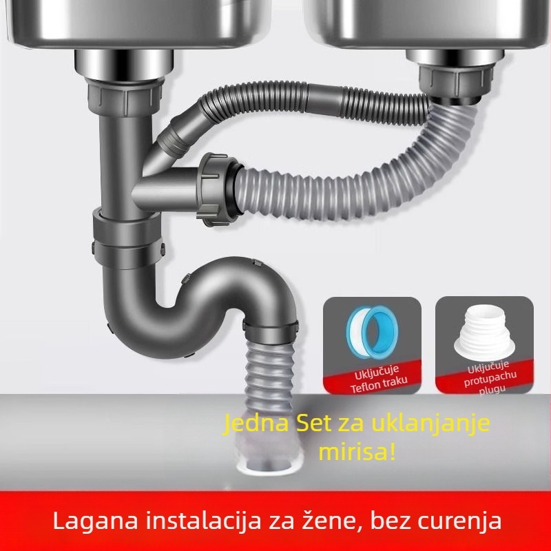 Win the bully Set odvoda za kuhinju s dvostrukim sudoperom – Model 10126, 304 nehrđajući čelik + ABS plastika, Moderan minimalistički stil