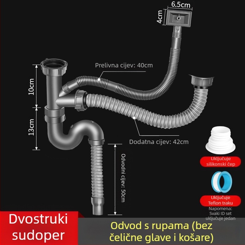 Win the bully Set odvoda za kuhinju s dvostrukim sudoperom – Model 10126, 304 nehrđajući čelik + ABS plastika, Moderan minimalistički stil