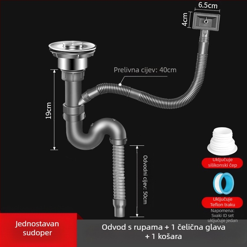 Win the bully Set odvoda za kuhinju s dvostrukim sudoperom – Model 10126, 304 nehrđajući čelik + ABS plastika, Moderan minimalistički stil