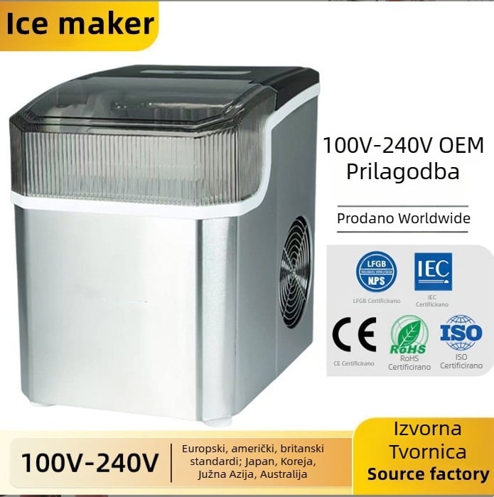 Prijenosna mašina za led od nehrđajućeg čelika, potpuno automatska; kapacitet 1,5 L, napon 100-240V, snaga 85W