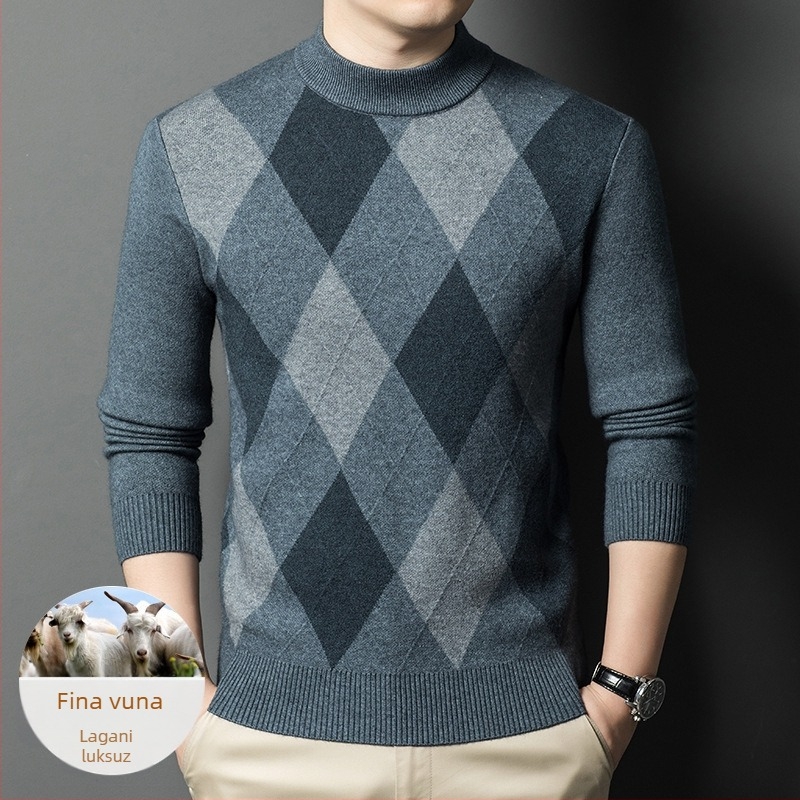 Muški pulover s poluvisokom ovratnikom, uski kroj, 30–35% vuna, mješavina vune i najlona, pranje u stroju