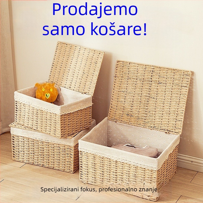 Koš za odlaganje s poklopcem, papirnati ratan pletenica, ekološki materijal