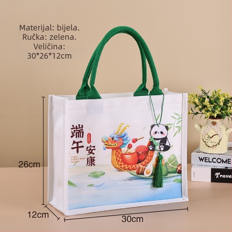 Torba za pakiranje darova od laminiranog platna; Ekološki materijal od poliestera i pamuka; Tisak logotipa dostupan; Metode tiska: sitotisak, strojo tiskanje, digitalno tiskanje, toplinski prijenos