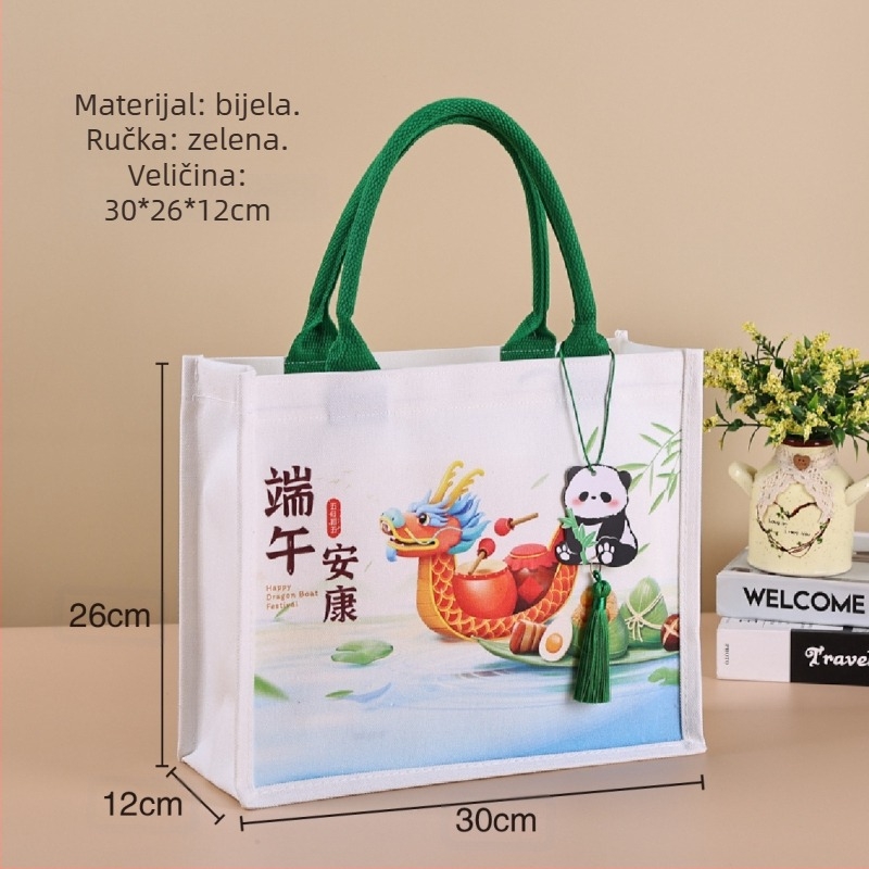 Torba za pakiranje darova od laminiranog platna; Ekološki materijal od poliestera i pamuka; Tisak logotipa dostupan; Metode tiska: sitotisak, strojo tiskanje, digitalno tiskanje, toplinski prijenos