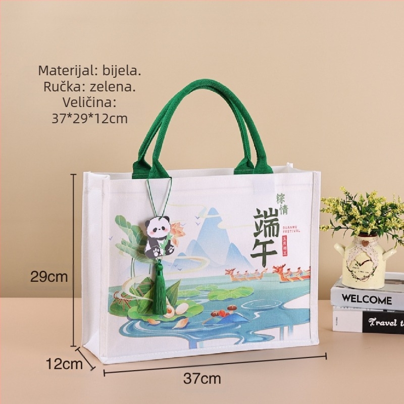 Torba za pakiranje darova od laminiranog platna; Ekološki materijal od poliestera i pamuka; Tisak logotipa dostupan; Metode tiska: sitotisak, strojo tiskanje, digitalno tiskanje, toplinski prijenos