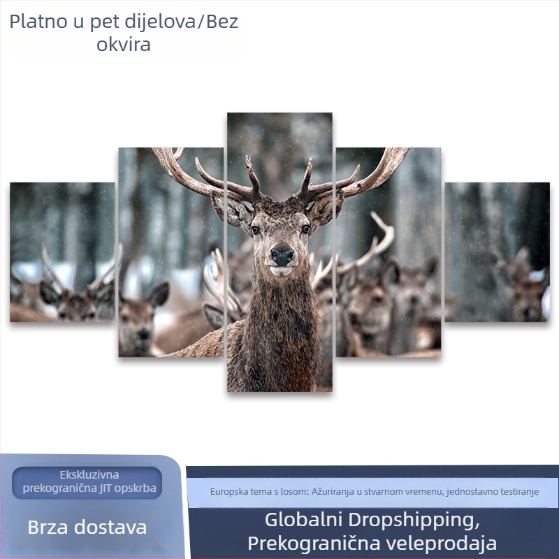 Nordijski stil – petodijelni platneni zidni umjetnički set s jelenom – visoko-definicija ispis na platnu, za dnevni boravak i spavaću sobu