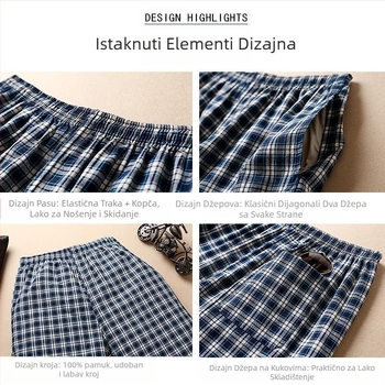 Muške ljetne kućne šorceve s japanskim stilom, karirani uzorak, visoki pojas, skraćena dužina, prav kroj, tanko tkivo