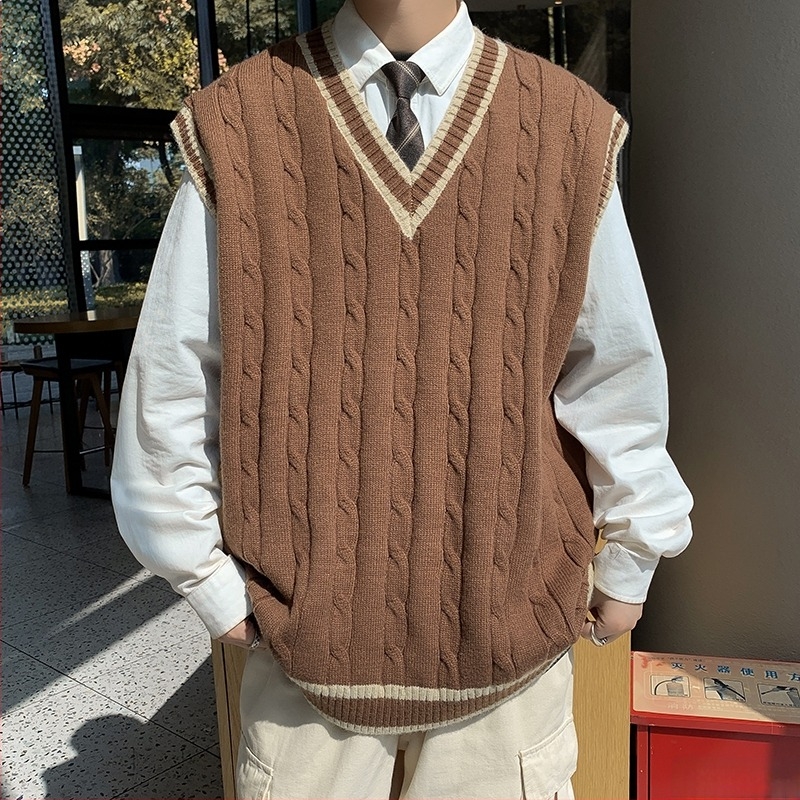 Pletena bez rukava vest s V-izrezom, retro američki stil, akademski nadahnuće, slobodan kroj, zima 2023