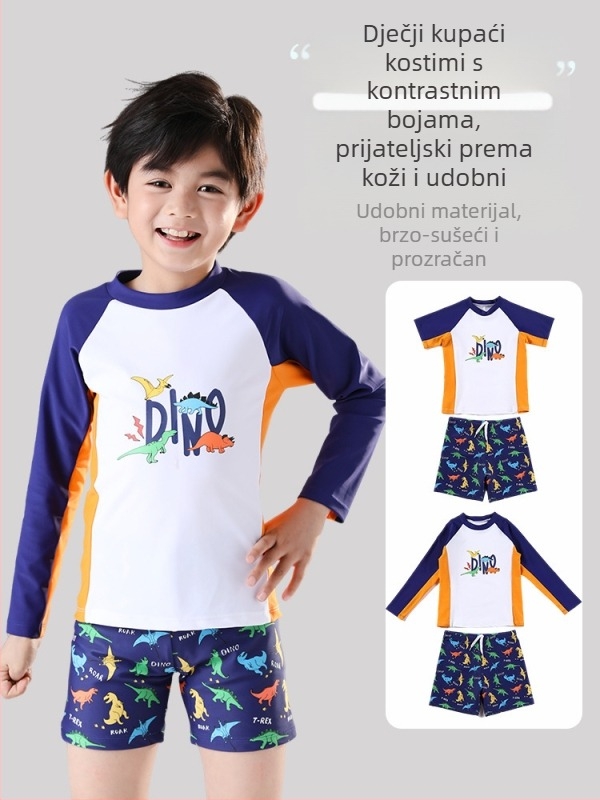 Dvije-djelni plivački set za dječake — korejski stil, crtani print, elastičan i brzo se suši; vanjski poliester, 82% najlon; podstava 100% poliester; stil briefs; za plivanje i hodanje po vodi; uzrast 6–12 godina; 200 g