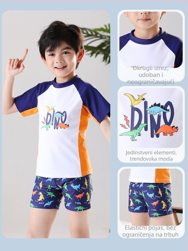 Dvije-djelni plivački set za dječake — korejski stil, crtani print, elastičan i brzo se suši; vanjski poliester, 82% najlon; podstava 100% poliester; stil briefs; za plivanje i hodanje po vodi; uzrast 6–12 godina; 200 g