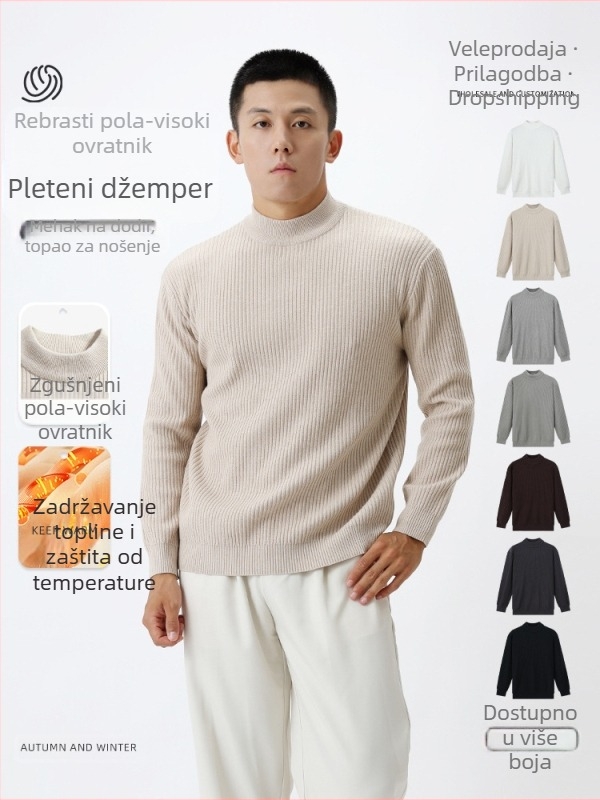 Muška pletena košulja s poluvisokim ovratnikom, vertikalni rib uzorak, dugi rukavi, mješavina viskoze/poliester/nylon