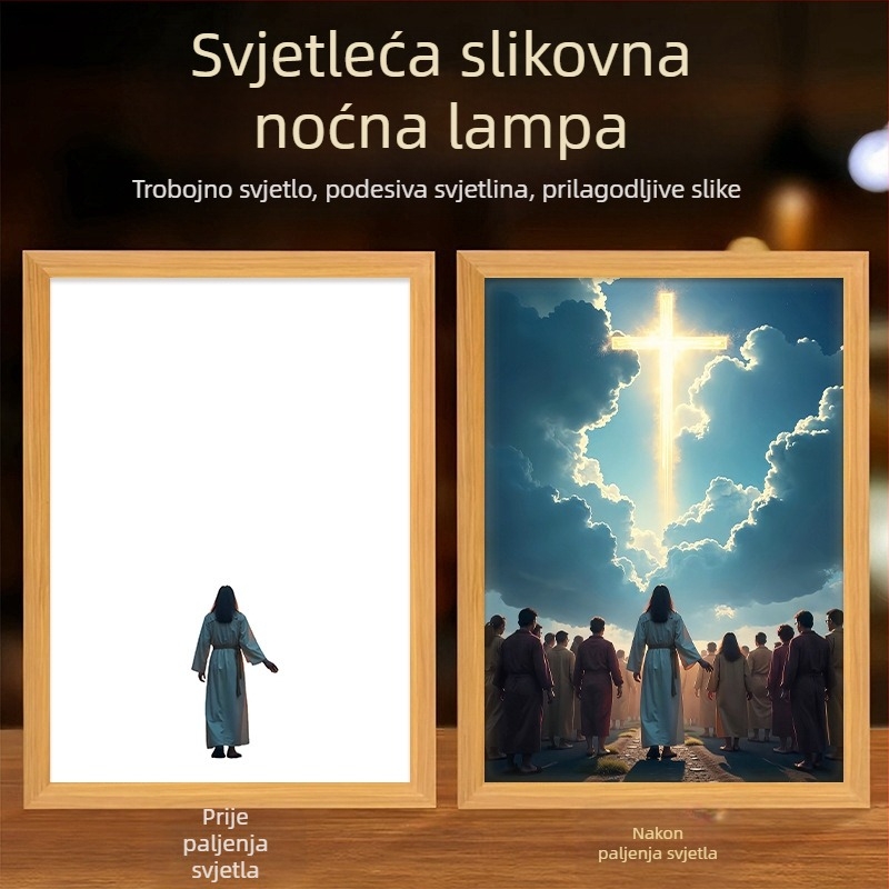 Osvijetljena slika s temom križa za dnevni boravak, koja zrači toplinom, mirom i dobrotom; kreativni ukras za stol.
