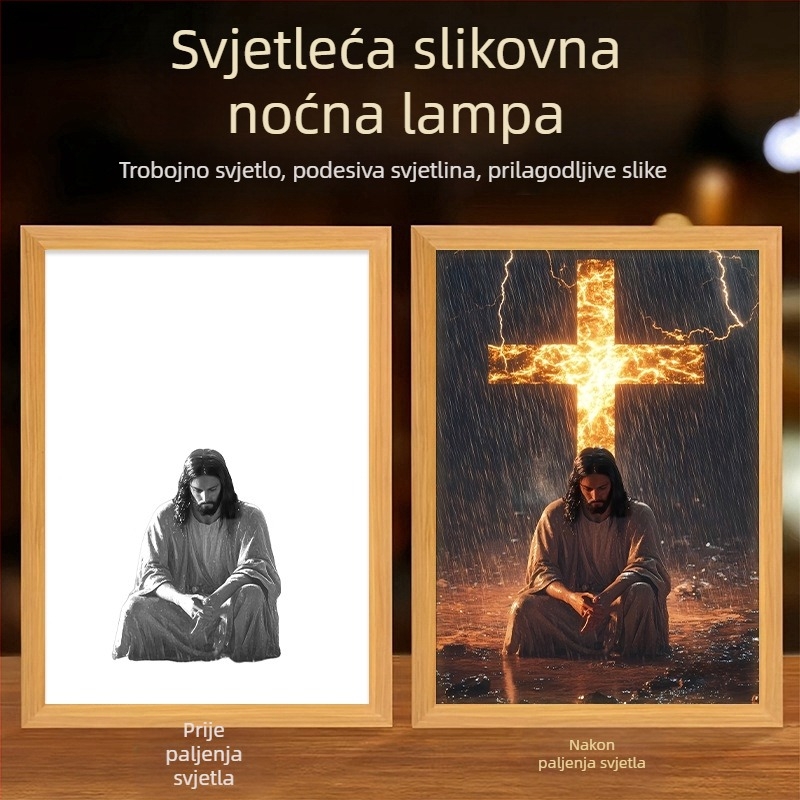 Osvijetljena slika s temom križa za dnevni boravak, koja zrači toplinom, mirom i dobrotom; kreativni ukras za stol.