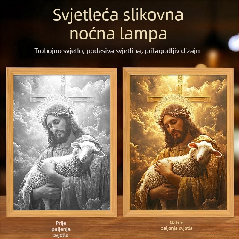 Osvijetljena slika s temom križa za dnevni boravak, koja zrači toplinom, mirom i dobrotom; kreativni ukras za stol.