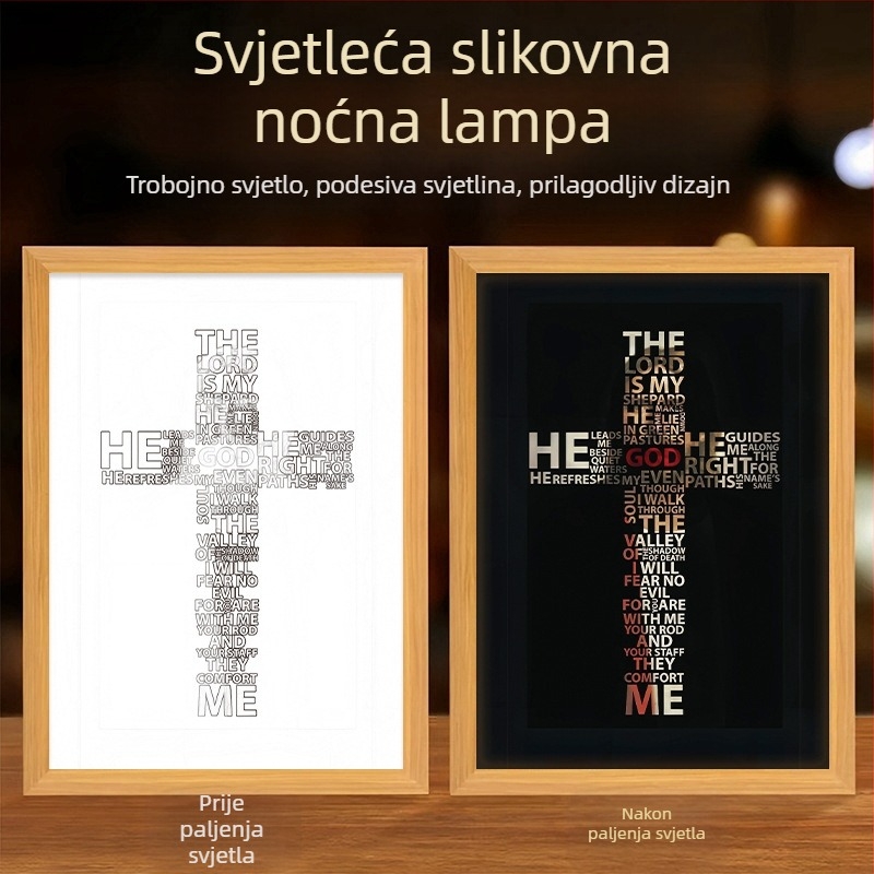Osvijetljena slika s temom križa za dnevni boravak, koja zrači toplinom, mirom i dobrotom; kreativni ukras za stol.