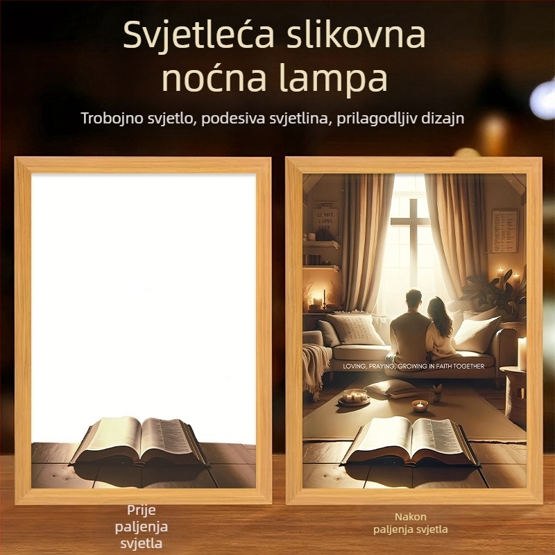 Osvijetljena slika s temom križa za dnevni boravak, koja zrači toplinom, mirom i dobrotom; kreativni ukras za stol.
