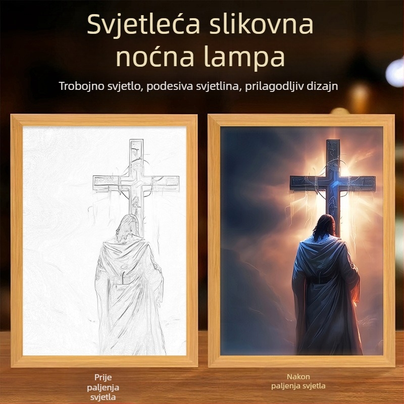 Osvijetljena slika s temom križa za dnevni boravak, koja zrači toplinom, mirom i dobrotom; kreativni ukras za stol.