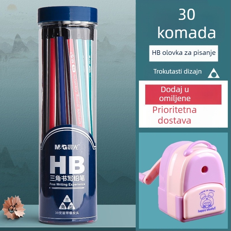 Olovka s trokutnim tijelom i gumicom na kraju, šesterokutnog oblika za djecu