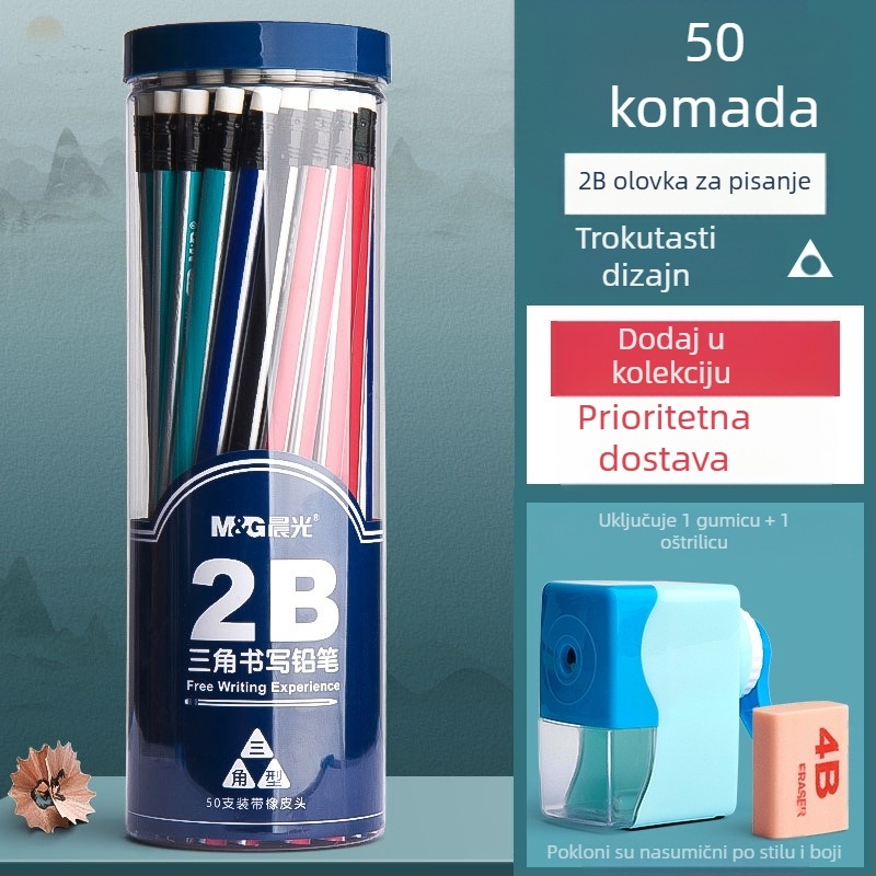 Olovka s trokutnim tijelom i gumicom na kraju, šesterokutnog oblika za djecu