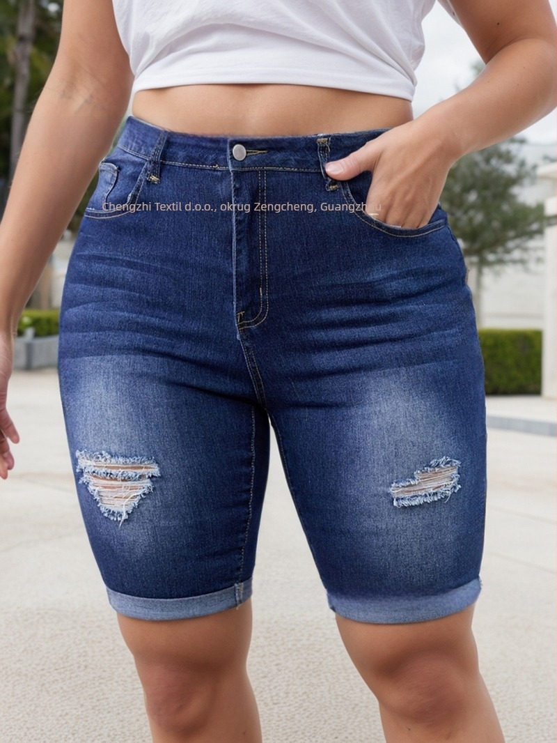 Ženske denim srednje duljine hlače - visoki struk, uski kroj, pamuk 50-70%, poliester 30-50%, proljeće 2025