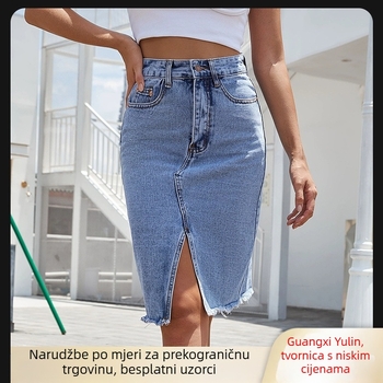 Traper suknja visokog struka, srednje duljine, s otvorom, rastezljivi pamuk denim, street hipster stil