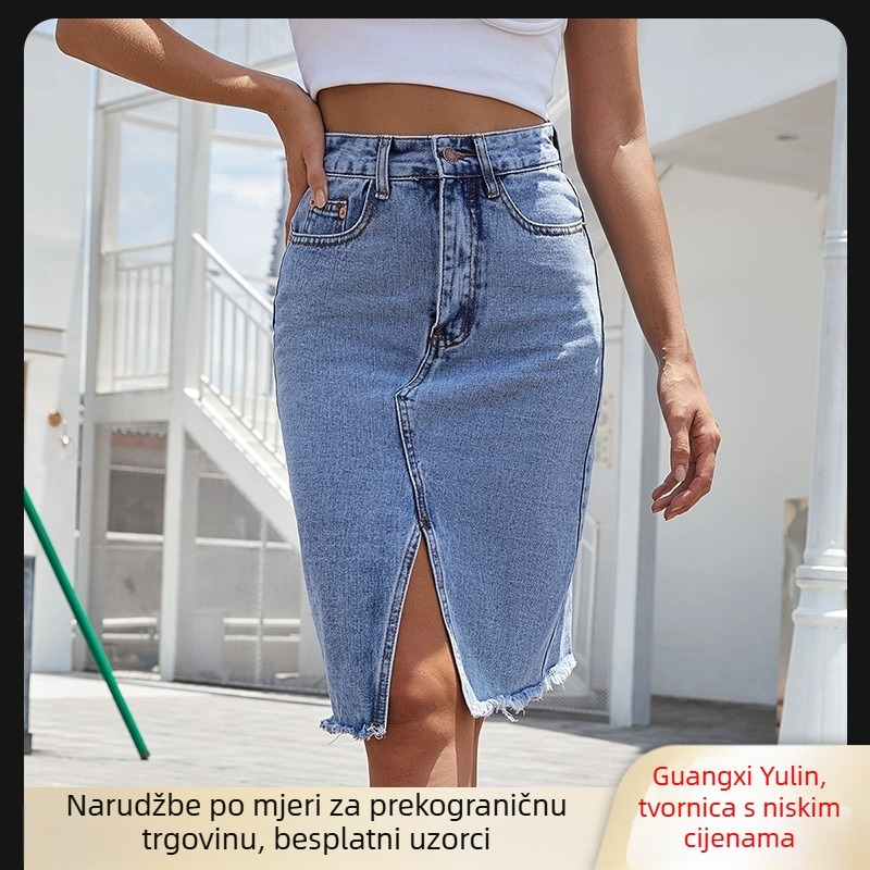 Traper suknja visokog struka, srednje duljine, s otvorom, rastezljivi pamuk denim, street hipster stil