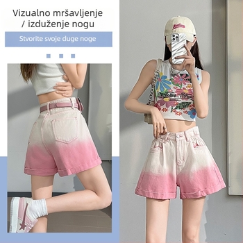 Ženski šorc od denima s gradijentom boje, ljeto, visokim strukom, ležeran A-kroj, rolani rub