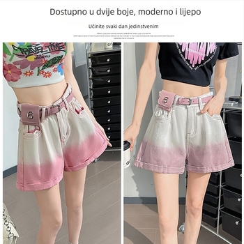 Ženski šorc od denima s gradijentom boje, ljeto, visokim strukom, ležeran A-kroj, rolani rub