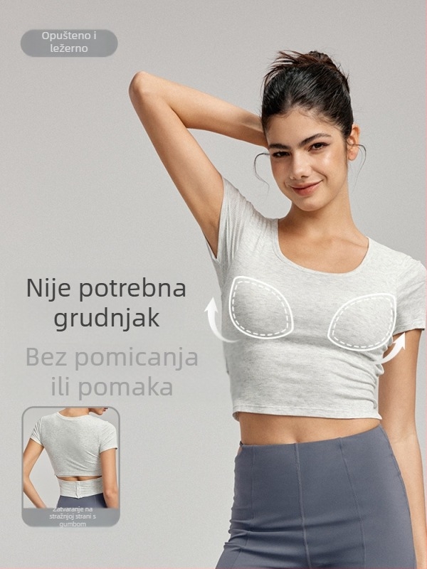 Ženski joga top s ugrađenim jastučićima za grudi - prozračna mješavina viskoze i elastana, slim-fit, dužina do struka, kratki rukavi, za jogu i fitness