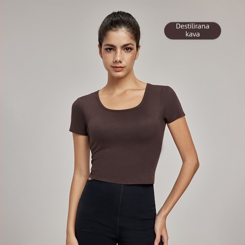 Ženski joga top s ugrađenim jastučićima za grudi - prozračna mješavina viskoze i elastana, slim-fit, dužina do struka, kratki rukavi, za jogu i fitness