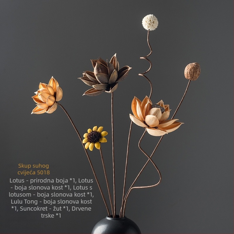 Zen stil buket suhog cvijeća za dnevni boravak – mješavina elemenata s lotosom, plodovima lotosa i borovim šišicama (Variety: Lily; Material: Other; Craft: Other; Gift: No)