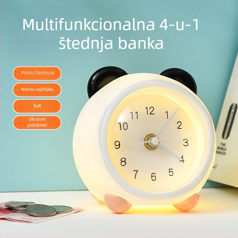 Dječji stolni sat s kasicom i noćnim svjetlom, baterijsko napajanje, mehanički pogon, jednostrana plastična kućišta, crtani stil