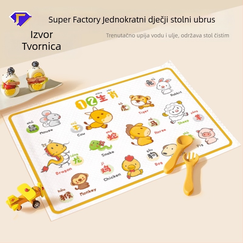 Jednokratna podloga za stol za bebe – papir; vodootporna, otporna na mrlje i ulje; mogućnost prilagodbe logotipa; marka Doctor Jiao; serija Placemat; lansirano 2023.