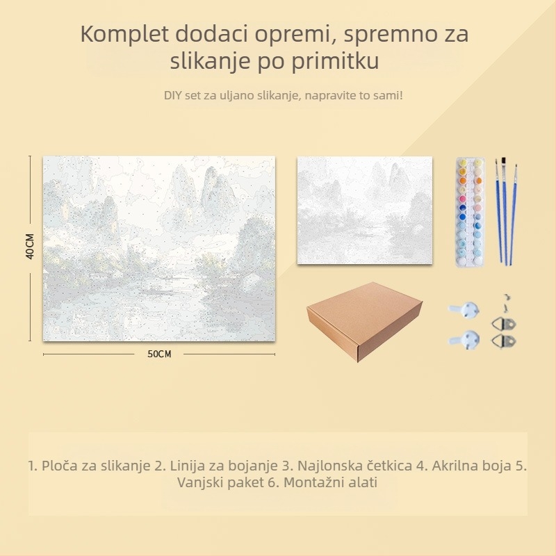 Digitalna uljana slika kineskog krajolisa – DIY ručno oslikavanje akrilnim uljanim bojama, drveni okvir, kineski stil