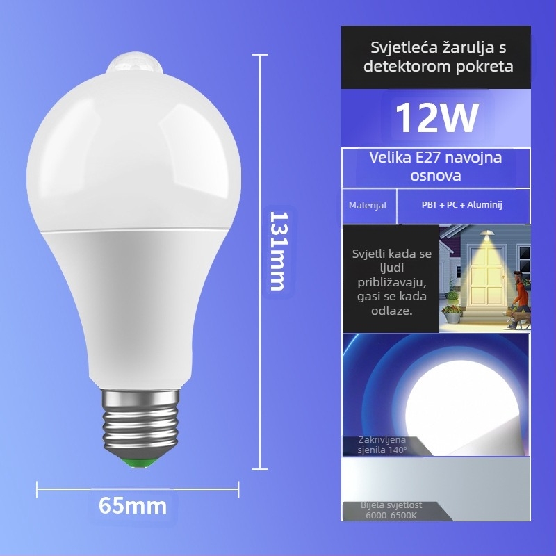 LED senzorna žarulja, E27 utičnica, 85-265V, 180° snop, IP30, PF 0.6